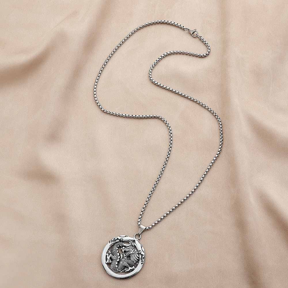 Mens Fashion Stainless Steel Round Plate Hollow Dragon Totem Pendant Necklace
