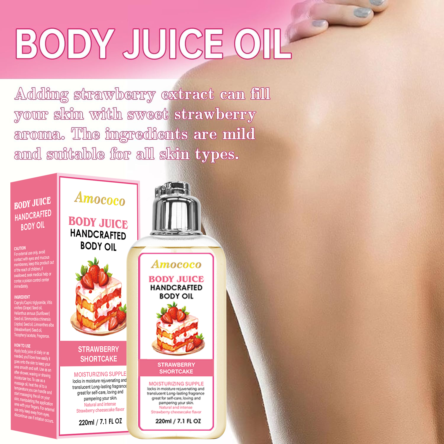 Only Supports Self Pickup With Waybill Amococo Strawberry Shortcake Body Juice Oil, 220ml Handcrafted Moisturizing Body Oil For Dry Skin, Long-Lasting Fragrance Body Massage Oil, Natural Plant-Based L