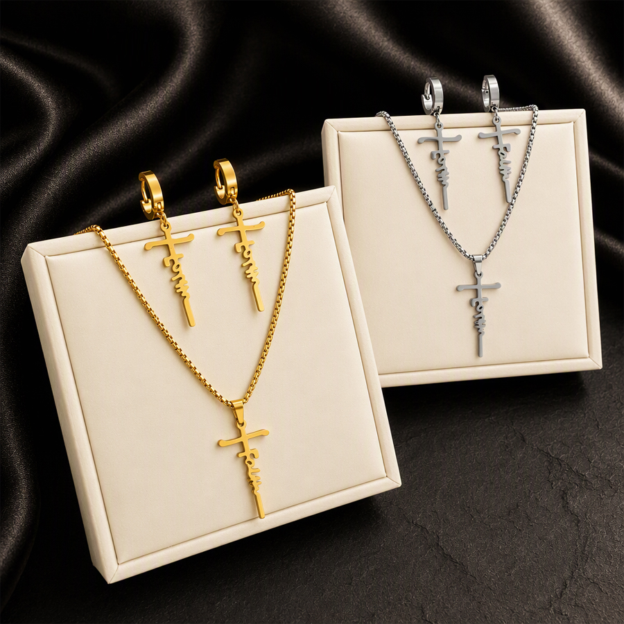 Set bijuterii Faith Cross din oțel inoxidabil 18K de aur și argint pentru femei, colier cu pandantiv și colier cu cruce Faith Letter și set de cercei Huggie