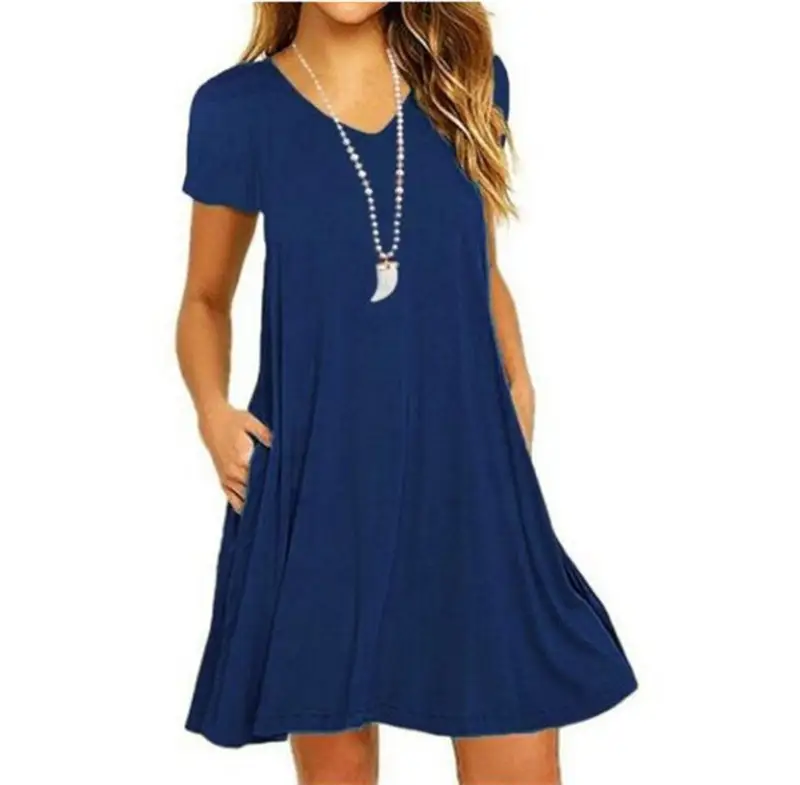 European And American Women's V-neck Short-sleeved Pocket Dress