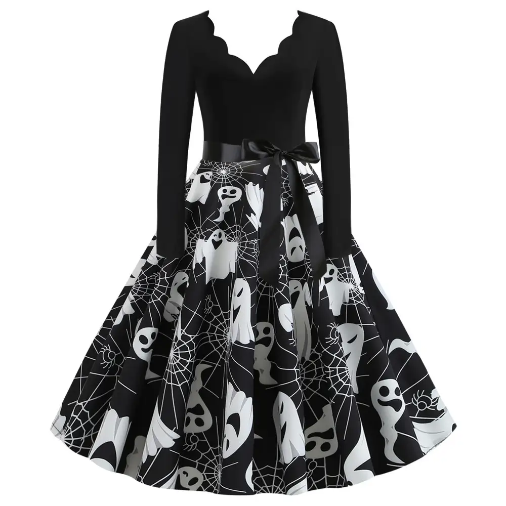 Halloween Burnt Flower V-neck Long-sleeved Sexy Print Big Swing Dress