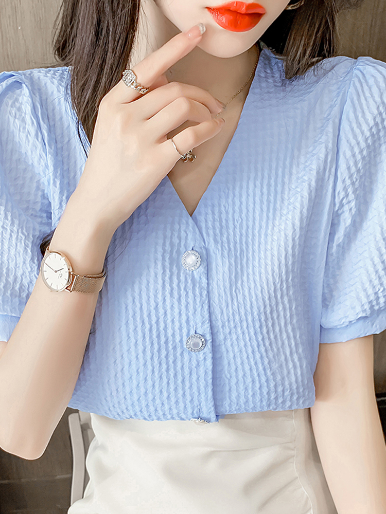 Women's New Temperament V Neck Puff Sleeve Top Short Sleeve Shirt