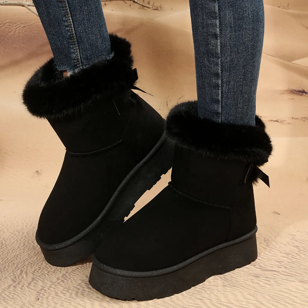 New Bow-knot Snow Boots Winter Plus Velvet Warm Thick-soled Ankle Boots For Women Simple Daily Leisure Cotton Shoes - Black