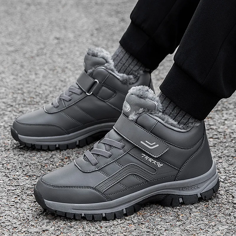 Winter Boots Women Men Warm Plush Velcro Snow Boots Climbing Hiking Shoes - Grey