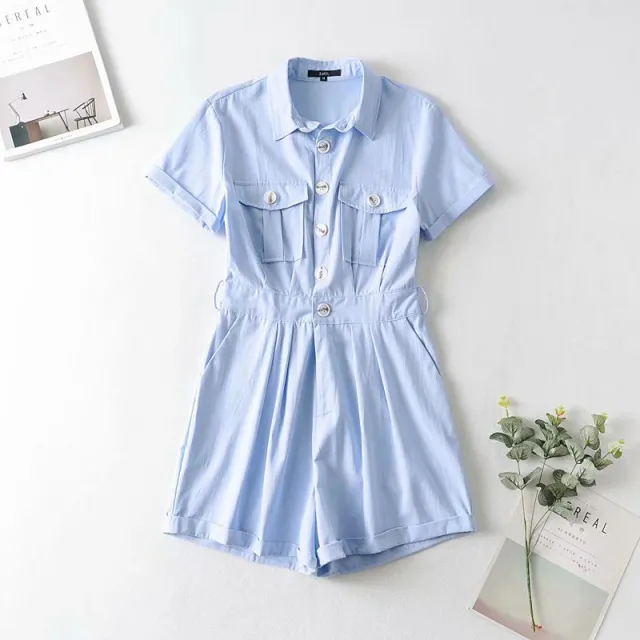 European And American Style Retro Lapel Short sleeved Loose Overalls Blue - Shop at LoveMi