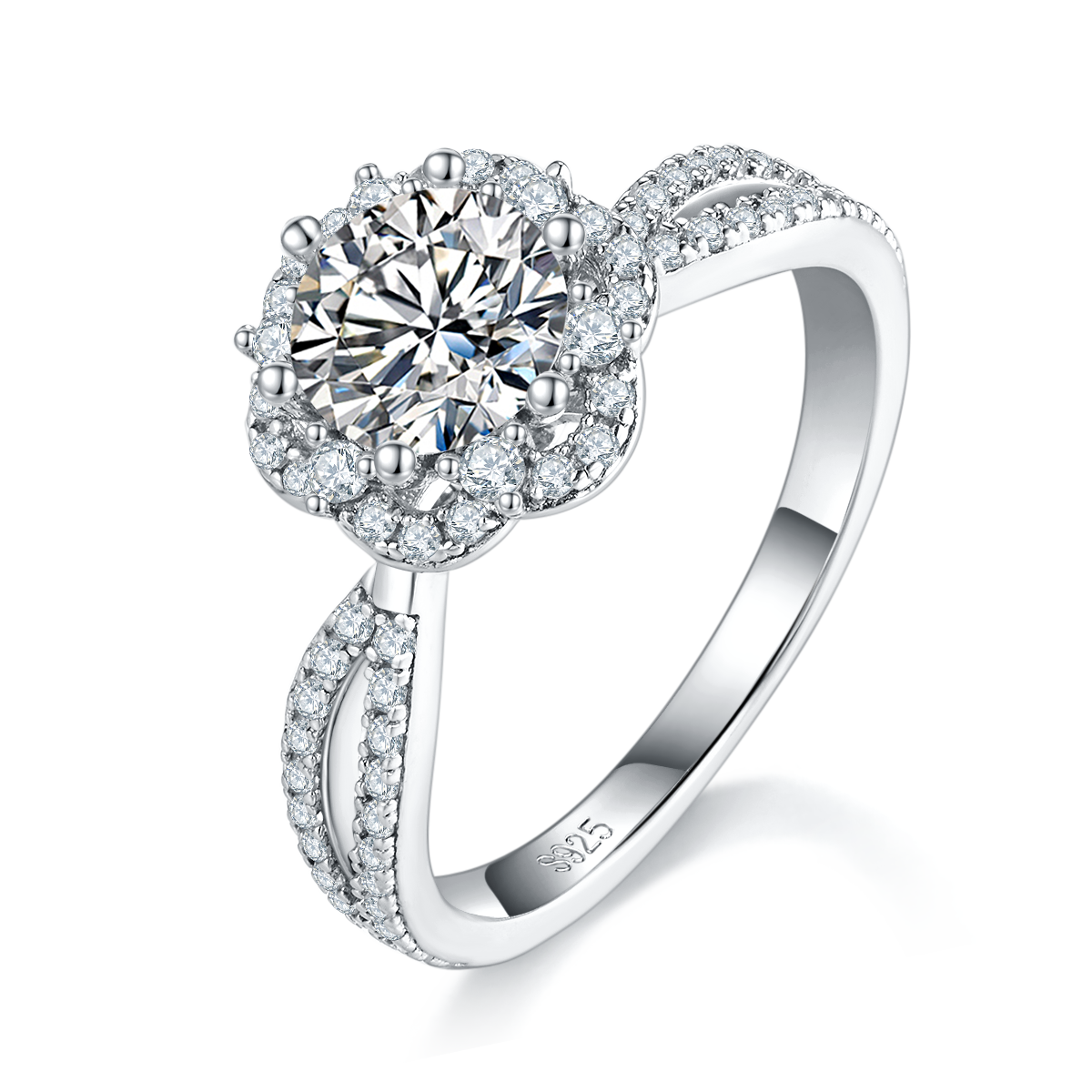 S925 Sterling Silver 1ct Moissanite Ring, 6.5mm D-VVS1 Round Cut, Halo Twist Band, US Sizes 5-9, GRA Certified Gift Box