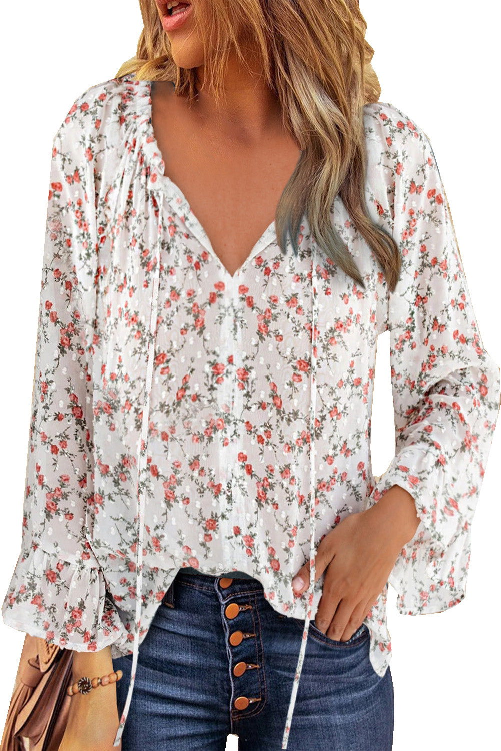 European And American High end Women's V neck Printed Top Lantern Sleeves Floral Chiffon Shirt White - Shop at LoveMi