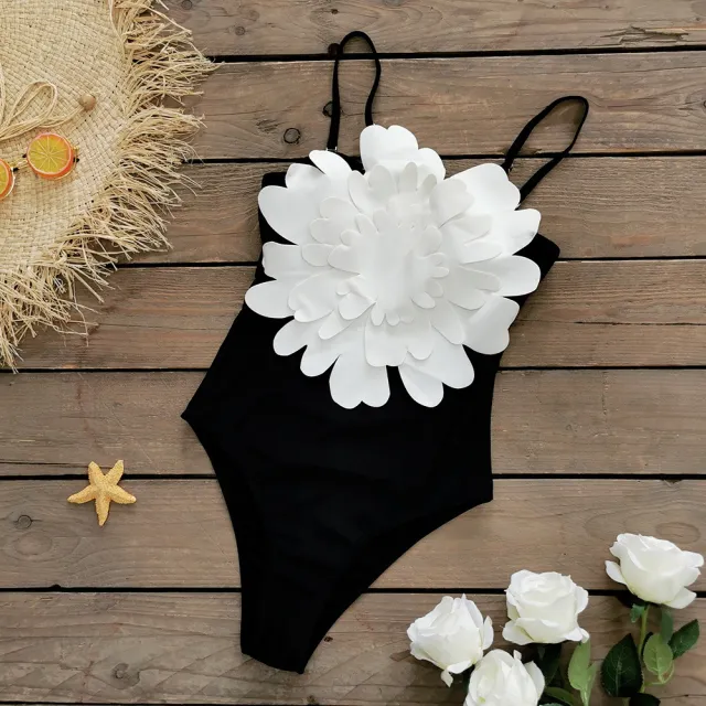 Solid Color Halter One piece Swimsuit Female Big Flower Black - Shop at LoveMi