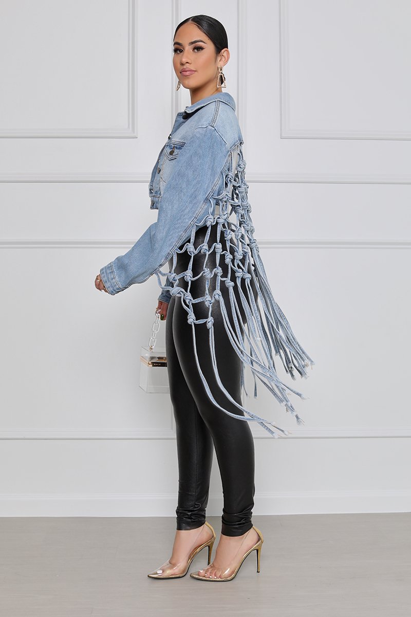 Fashion Ladies Mesh Fringed Denim Jacket