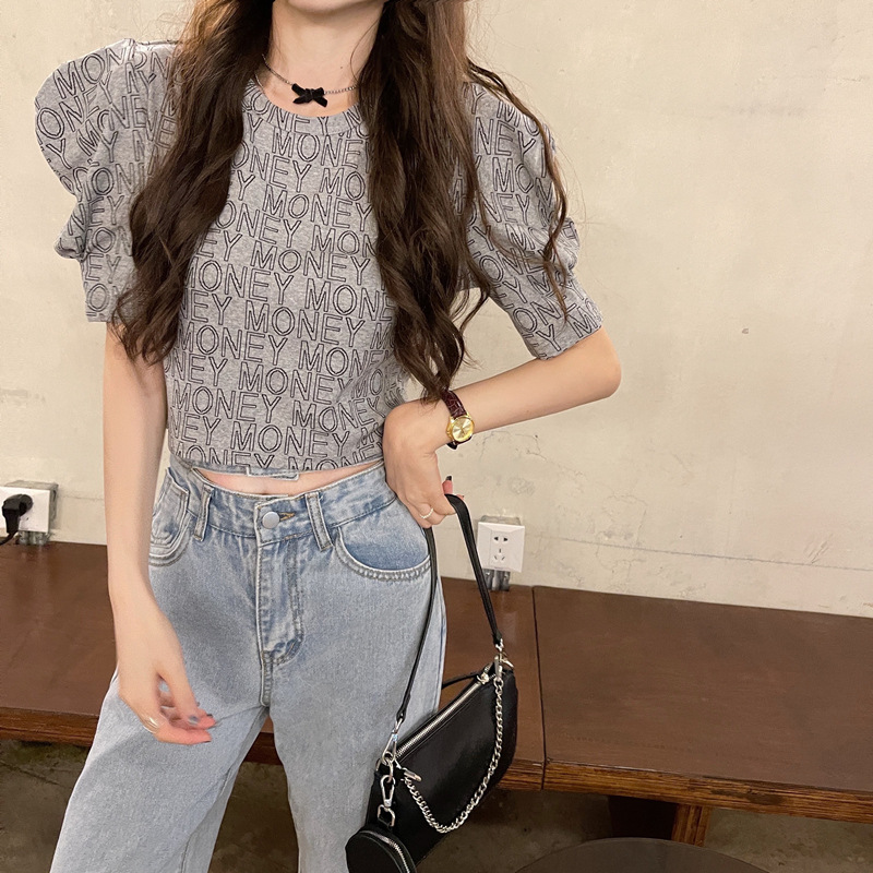 Puff Sleeve Slim T-shirt Women's French Short Padded Shoulder