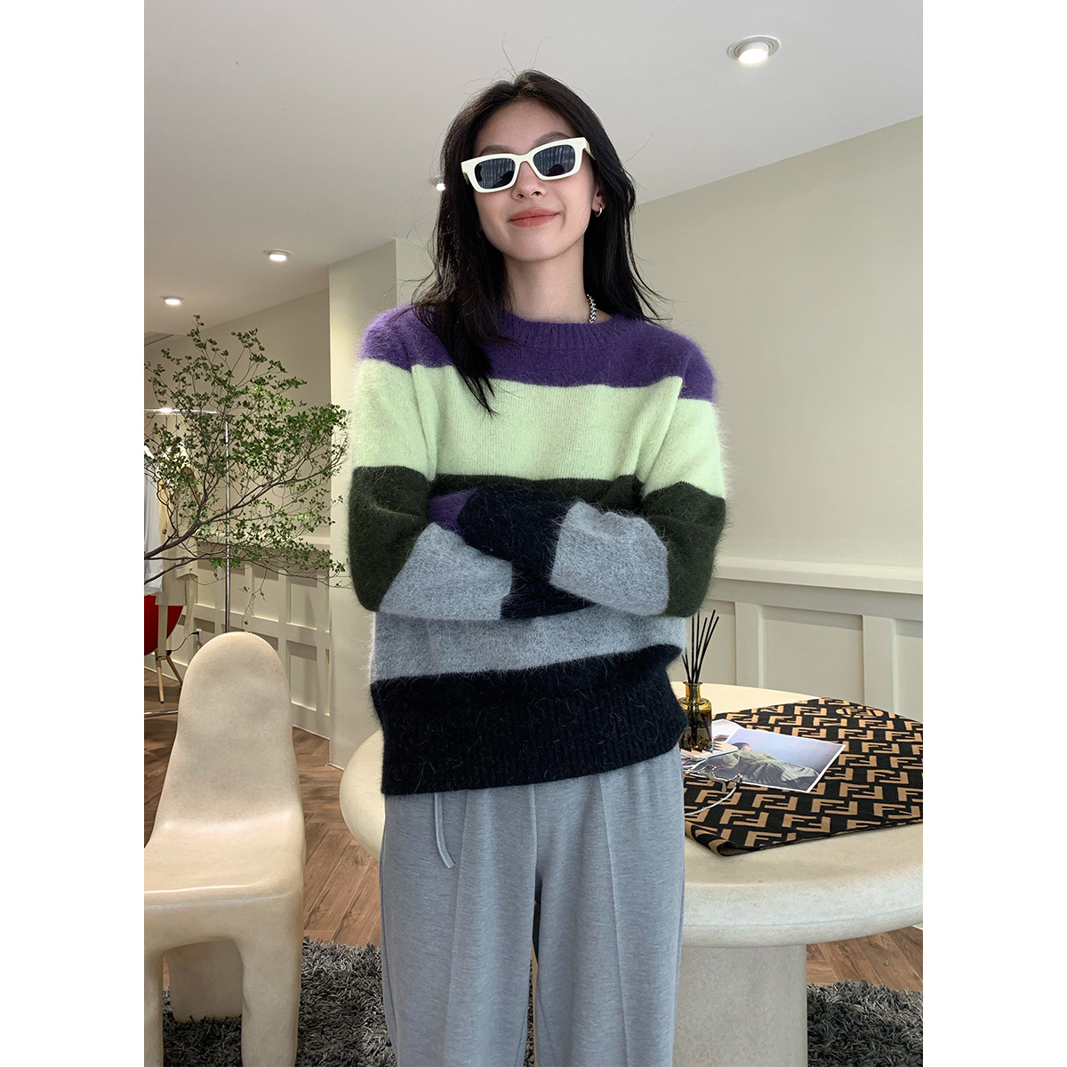 Title 6, Loose Round Neck Contrast Large Striped Sweater...