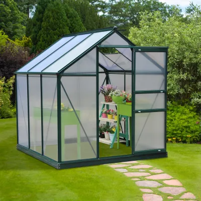 Walk In Greenhouse 6 X 6 X 7 Aluminum Polycarbonate Portable Garden Greenhouse With Rooftop Vent   UV-Resistant Walls Dark Green