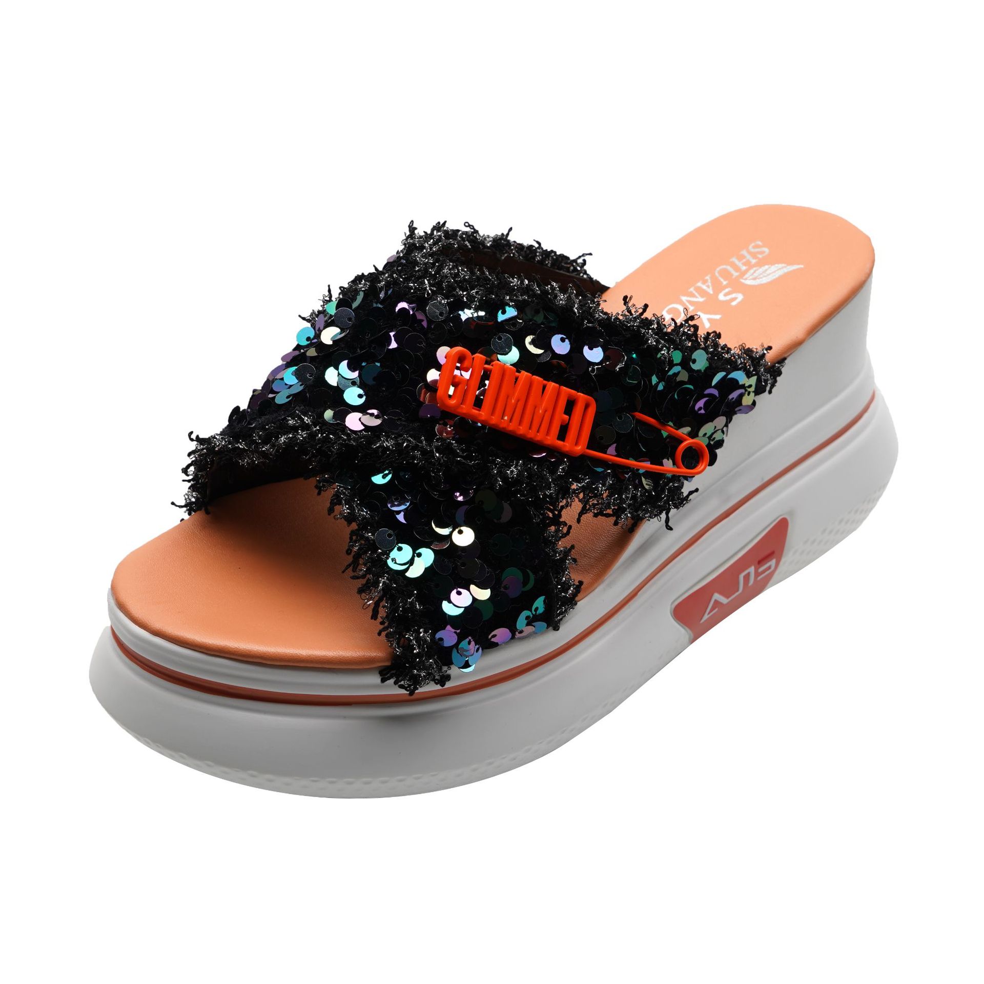 Fashion Sequined Sponge Cake, Thick soled Crossover, Wedge Heel Sandals And Slippers Black - Shop at LoveMi