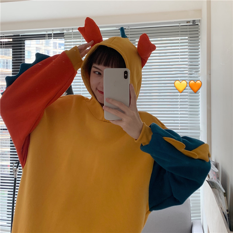 Color Matching Dinosaur Loose Hooded Sweater Women