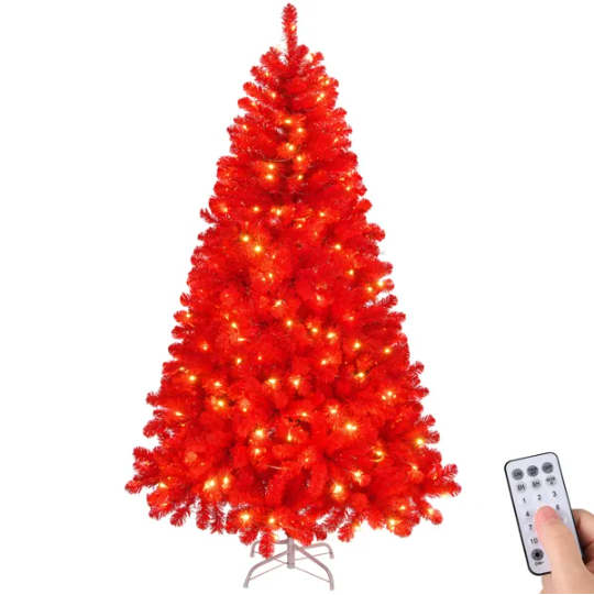 6 FT Red Pre-lit Artificial Christmas Pine Tree 800 Branch Tips 300 Lights