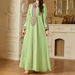 Elegant Women's Long Sleeve Floor-Length Dress - Stand Collar With Geometric Print & Sequins Detail Dress For Casual&Party Wear - Green - View 1
