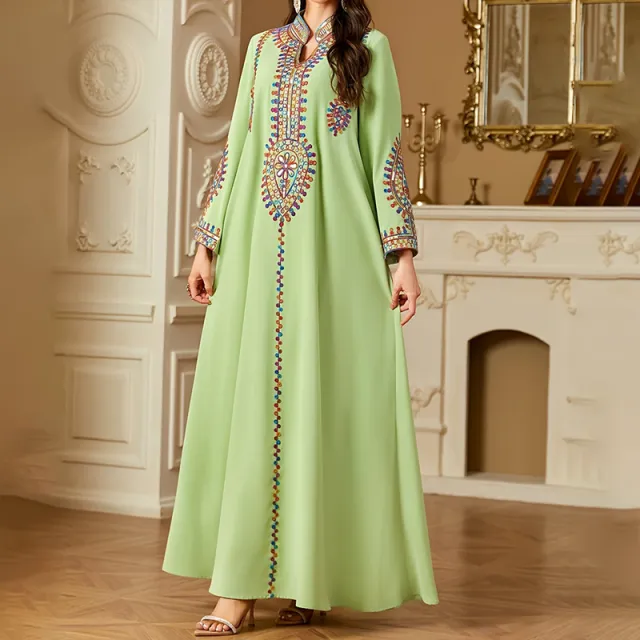 Elegant Women's Long Sleeve Floor Length Dress Stand Collar With Geometric Print & Sequins Detail Dress For Casual&Party Wear Green - Shop at LoveMi