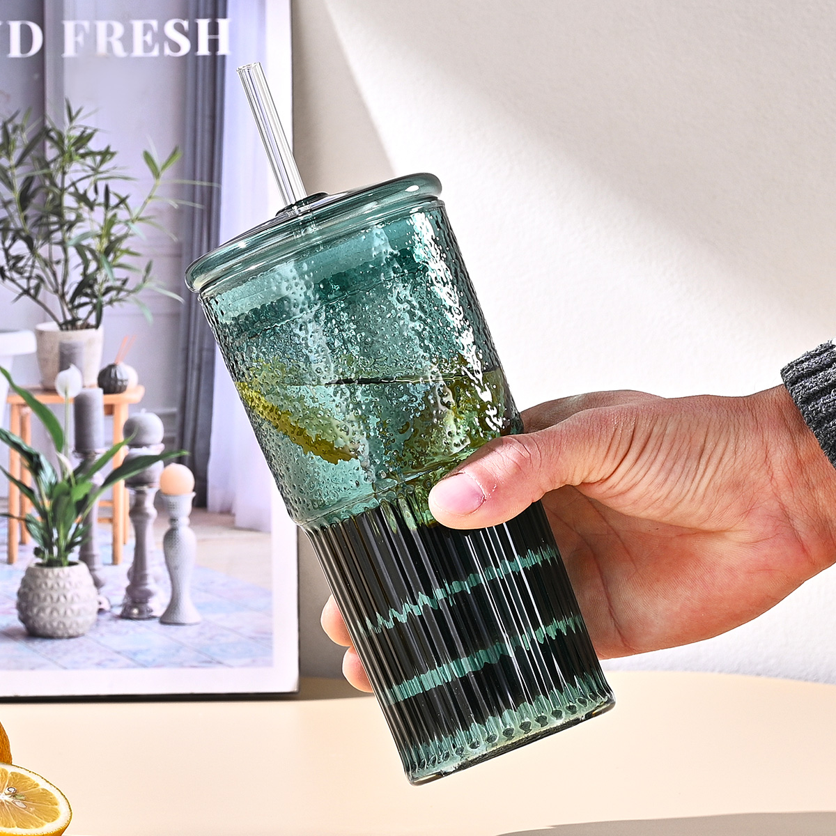 20 Oz 2-pack Green Glass Straw Cup With Vertical Pattern Cup And Lid, High Borosilicate Heat-resistant Glass Cup For Juice, Milk And Cold Drinks