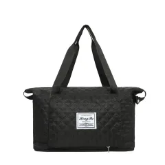 Foldable Travel Duffle Bag With Rhombus Sewing Design Large Capacity Fitness Handbag Portable Versatile Shoulder Bags Expandable Organizer - Black - View 1