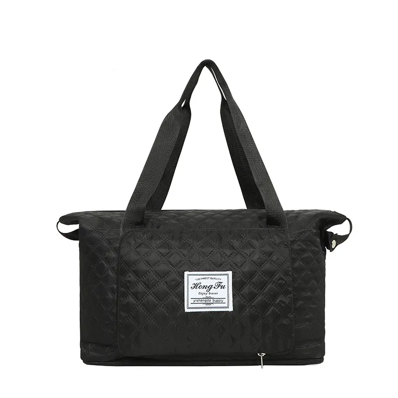 Foldable Travel Duffle Bag With Rhombus Sewing Design Large Capacity Fitness Handbag Portable Versatile Shoulder Bags Expandable Organiser - Black
