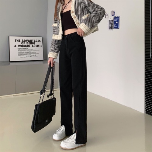 Split Black Jeans High Waist Micro Flared Small Straight Leg Black - Shop at LoveMi
