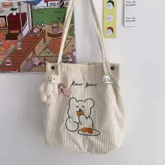 Cute Bear Canvas Bag Corduroy Tote Bag - White - View 1