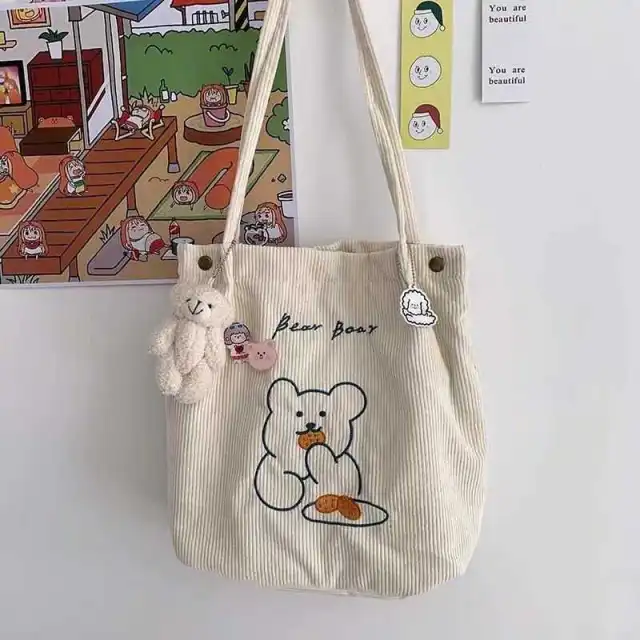 Cute Bear Canvas Bag Corduroy Tote Bag White - Shop at LoveMi