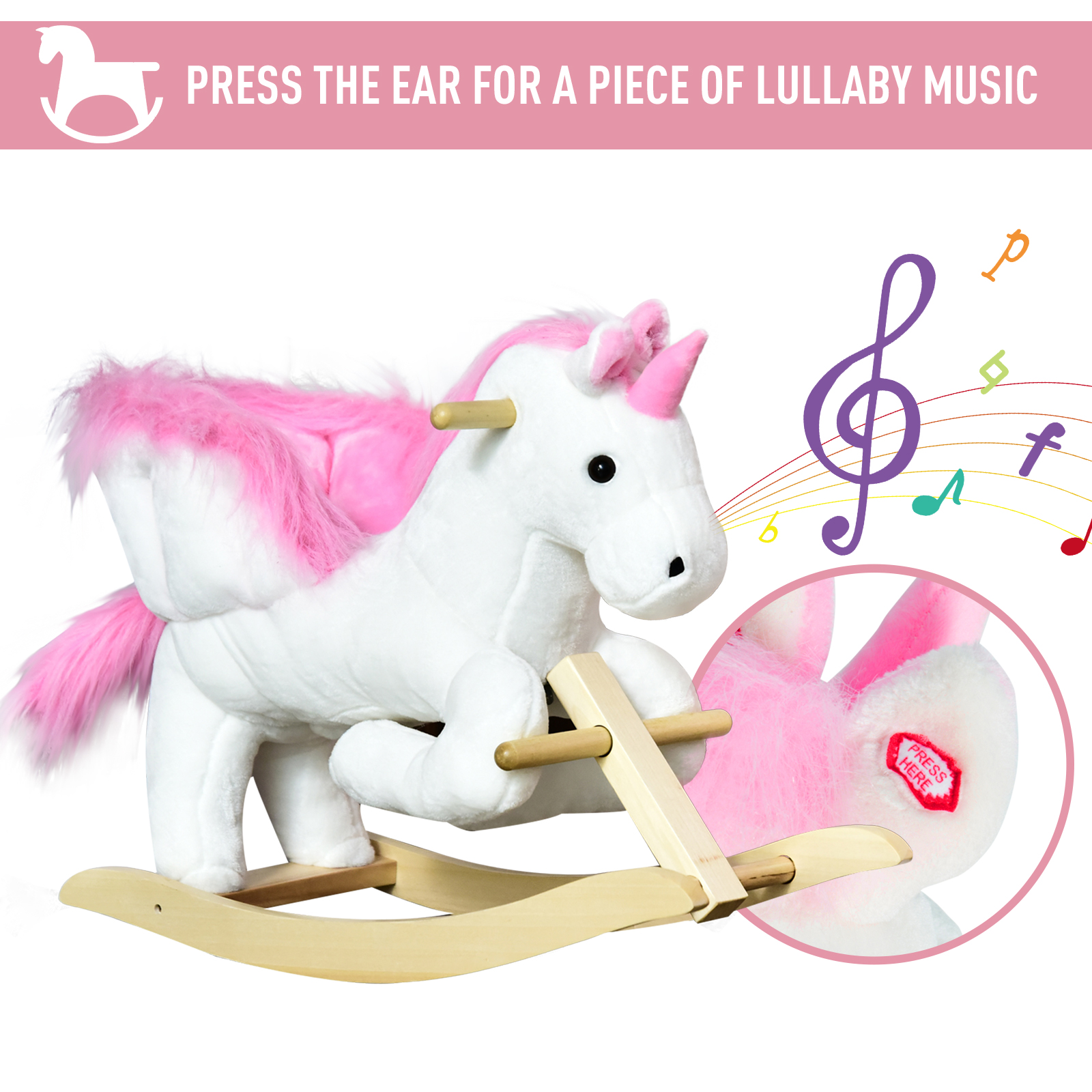 Children's Rocking Horse Unicorn Wooden Plush Riding Chair Toy With Music