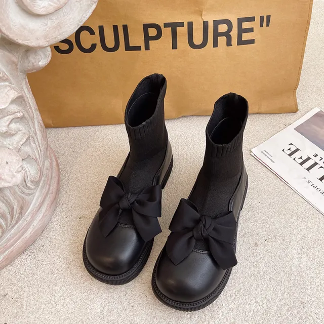 Bowknot Shaved Leather Wind Ankle Boots Flat Cloth Thin Skinny Socks Boots Black - Shop at LoveMi