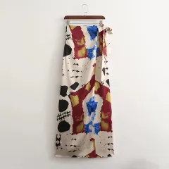 Long Sleeve Shirt High Waist Slit Skirt Print Set - Skirt - View 1