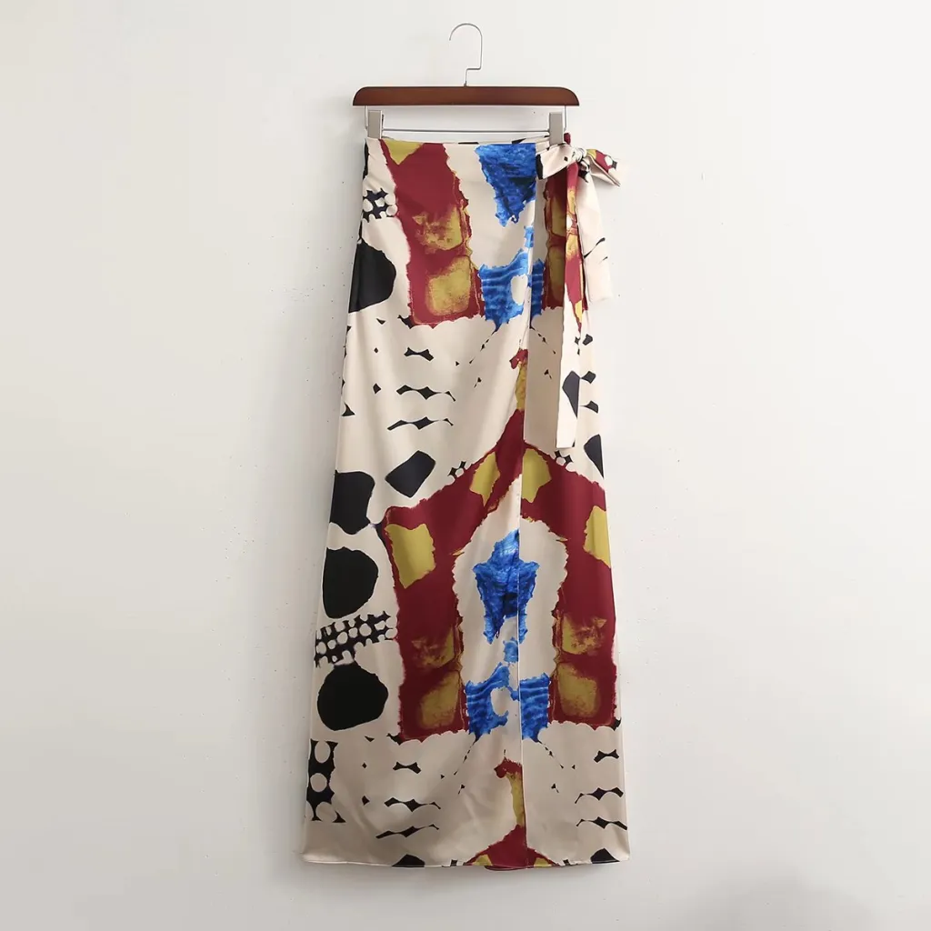 Long Sleeve Shirt High Waist Slit Skirt Print Set - Skirt