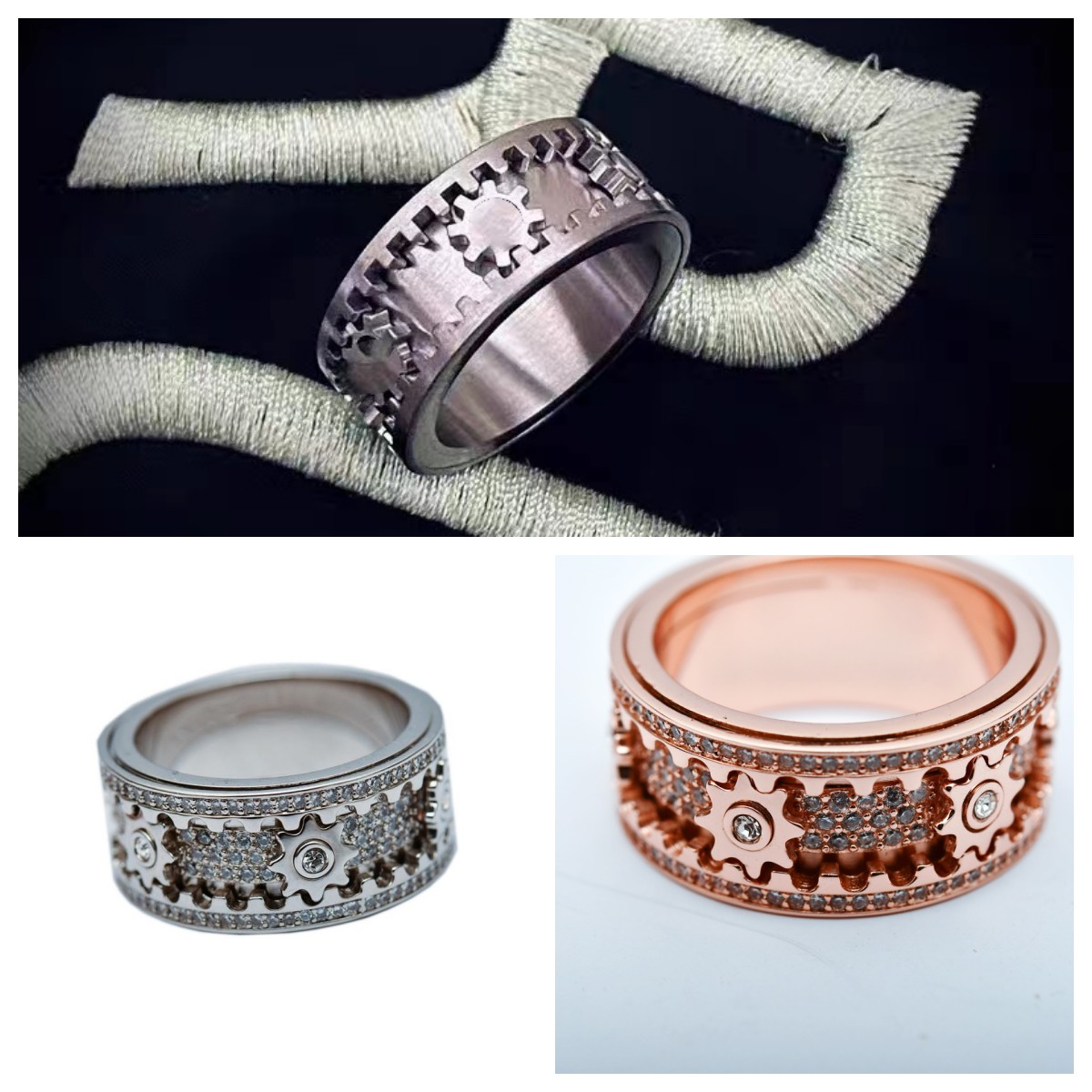 Gear Full Diamond Ring Turn Titanium Steel Mechanical Personality
