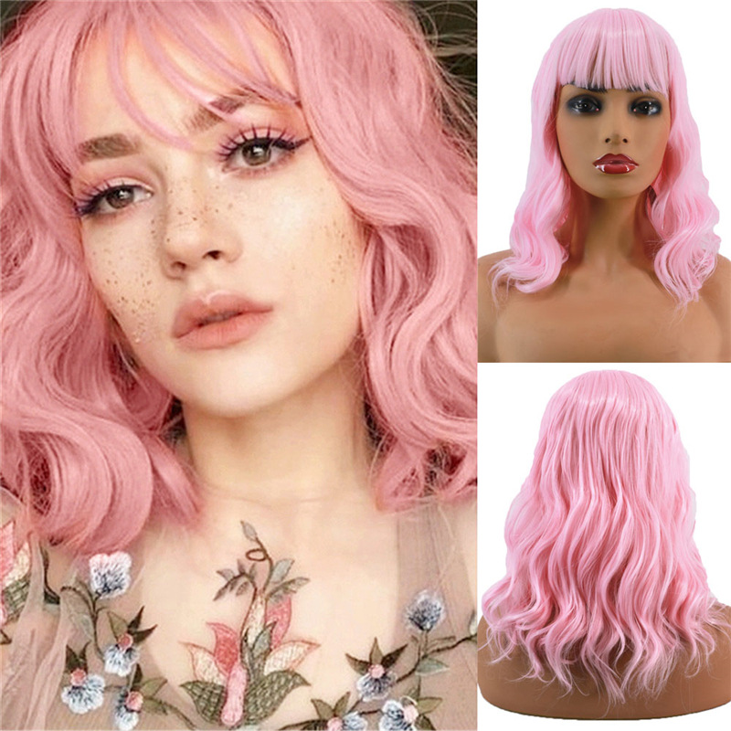 Fashion Ladies Chemical Fiber Air Liu Hai Ripple Wig Head Cover Light Pink - Shop at LoveMi