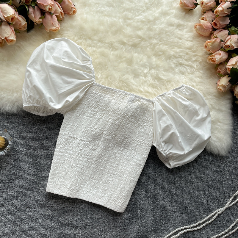 Top Women's Design Sense Niche Chain Tube Top Slim Short All-match Age-reducing Bubble Sleeve T-shirt