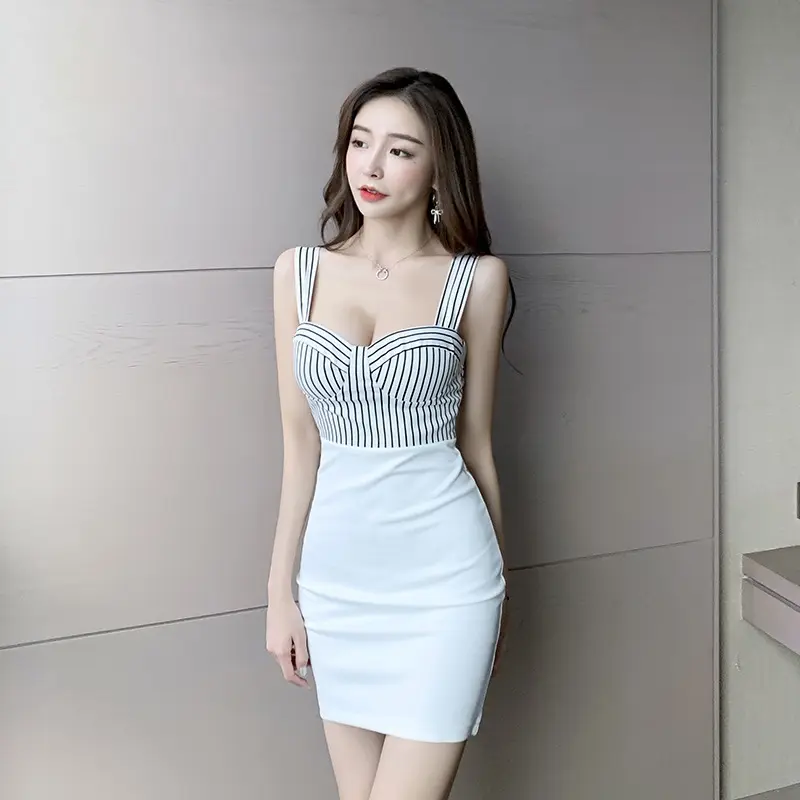 Low-cut Sexy Striped Stitching Suspender Dress With Backpack And Hip Tight Skirt