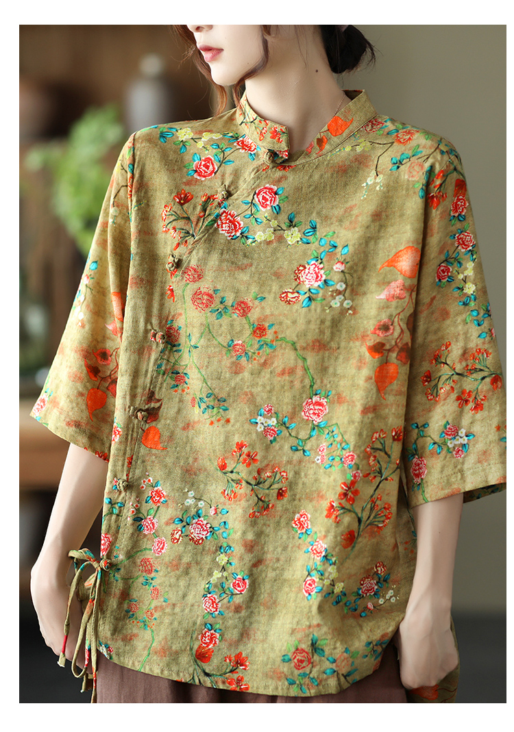 Title 9, Retro Printed Cotton And Linen Shirt With Stand...