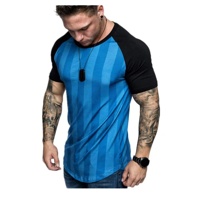 Summer Men's Striped Short-sleeved T-shirt Raglan Sleeve Printed Sports Football T-shirt Men's T-shirt Sports