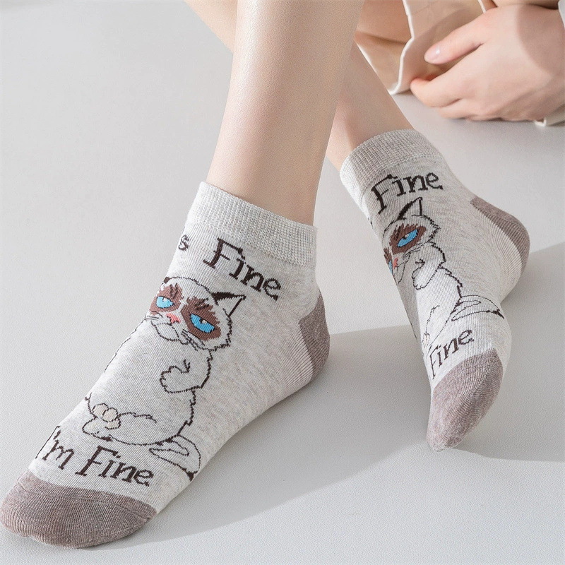 Cat Pattern Women's Straight Socks, Cartoon Animal Casual Short Socks