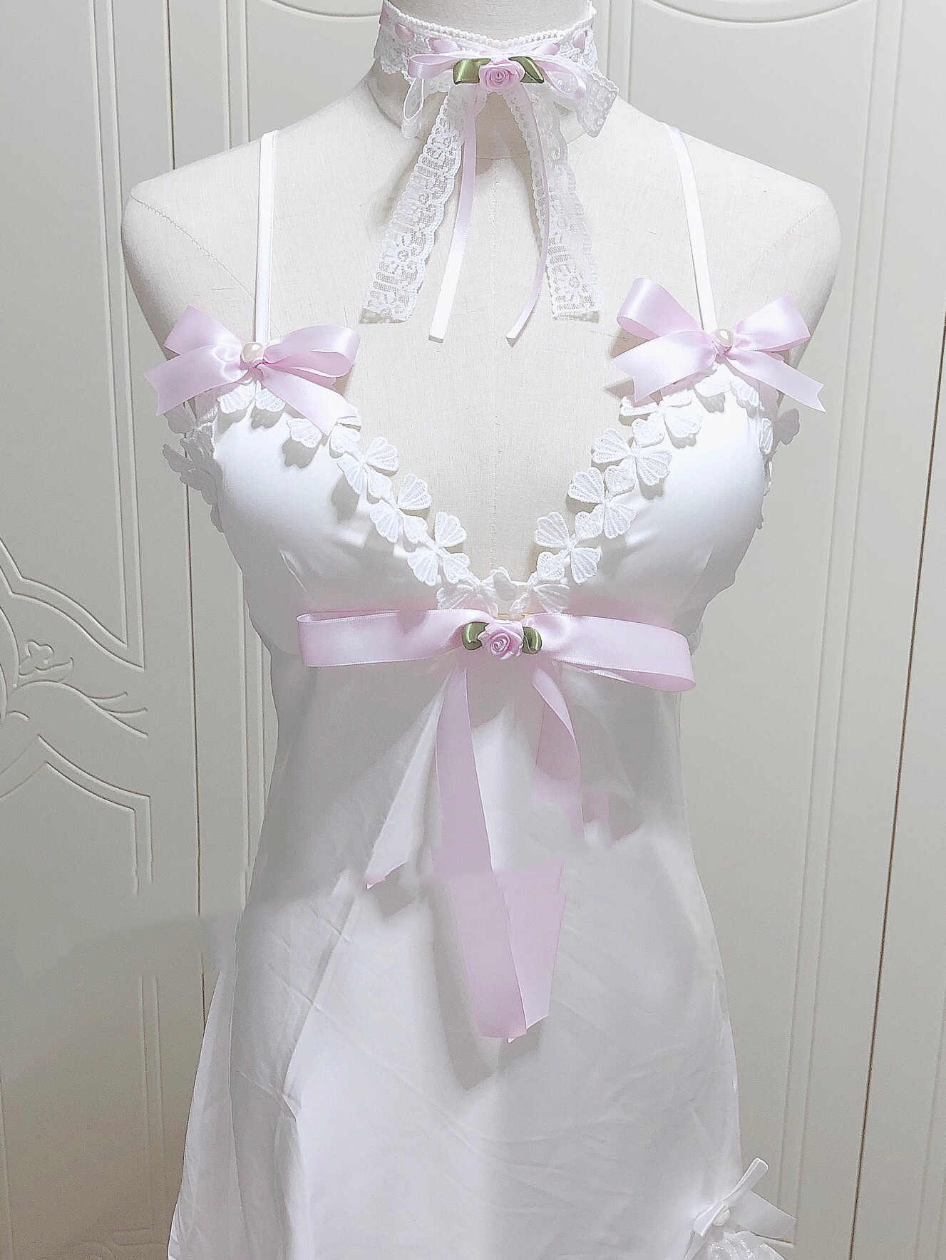 Sweet Lace Bow Satin V Neck Split Short Dress