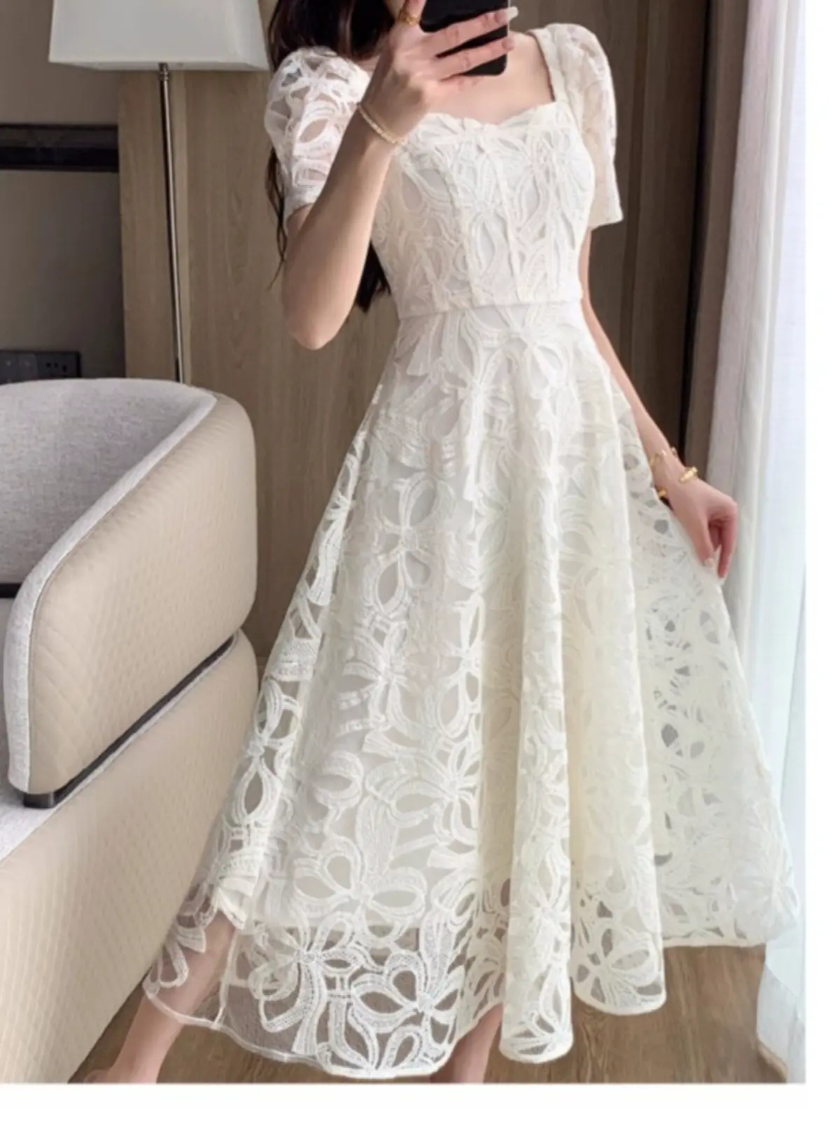 Lace Commute Style French Tea Break Slimming Gentle New Square Collar Long Dress