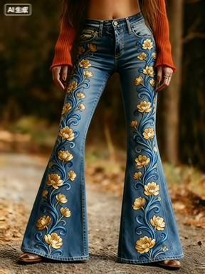 Fashion Retro Printed Flared Pants, Women's Jeans