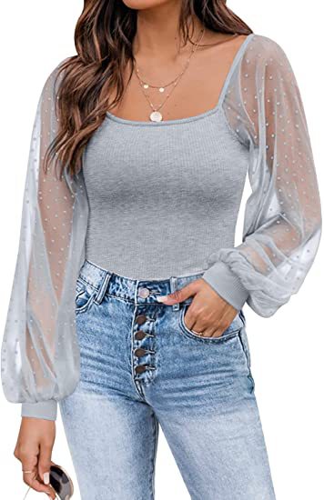 Women's Lantern Sleeve Stitching Slim Top