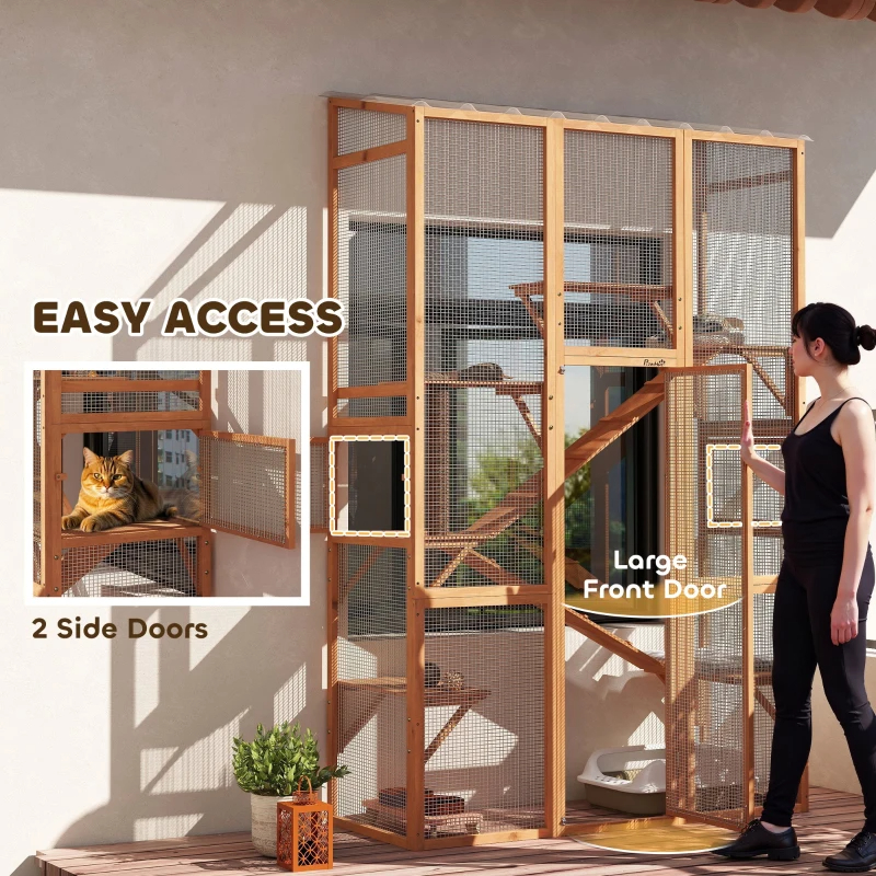 Outdoor Catio Cat Enclosure, Large Wooden Cat House With 6 Jumping Platforms, Scratching Post, 2 Ramps, For 2-3 Kittens