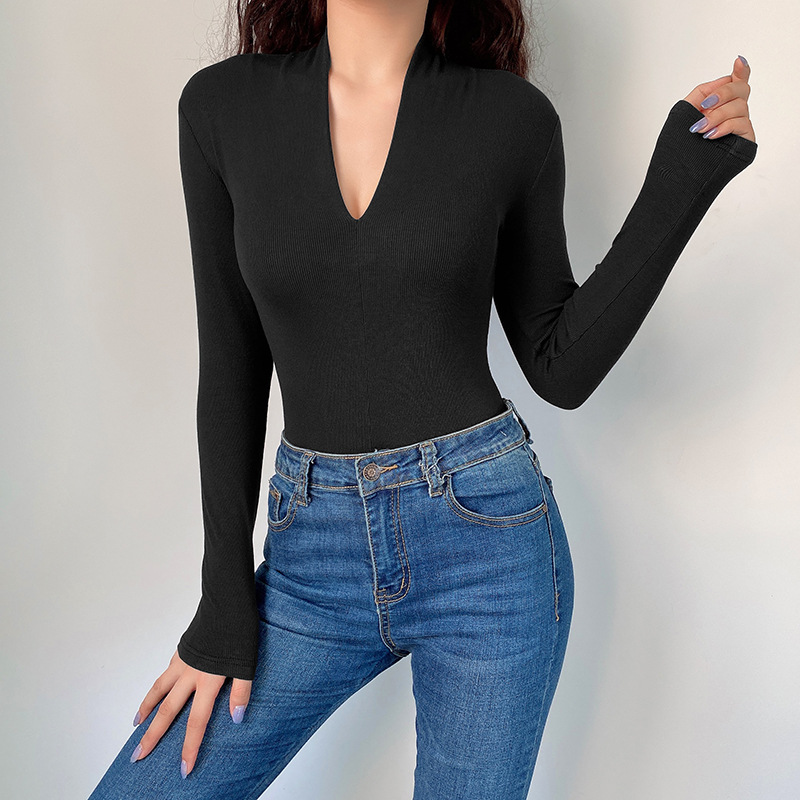 Title 6, Retro V-neck Slim Long-sleeved T-shirt Jumpsuit