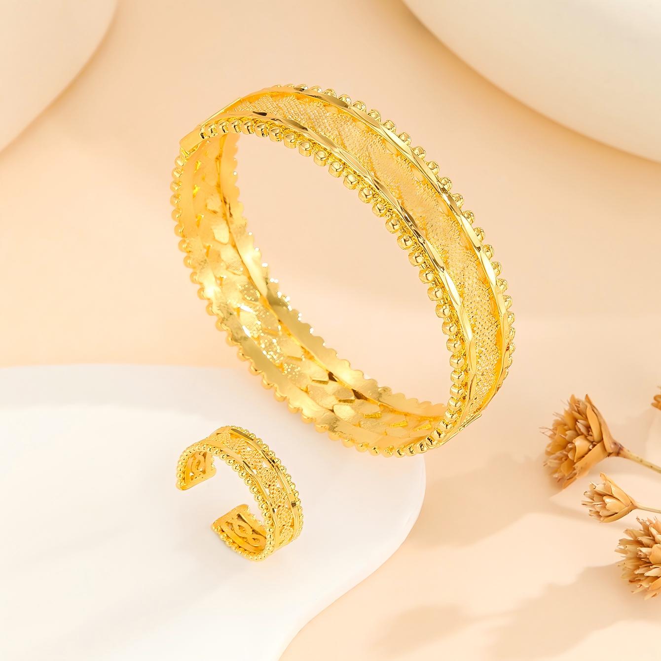 2pcs Vintage Gold Plated Bracelet, Open Bracelet Ring Jewelry, Women's Festival Wedding Jewelry Set — foto 8