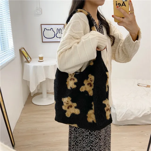 Cute Bear Print Bags Winter Lamb Shoulder Bag Women Shopping Handbags Black - Shop at LoveMi