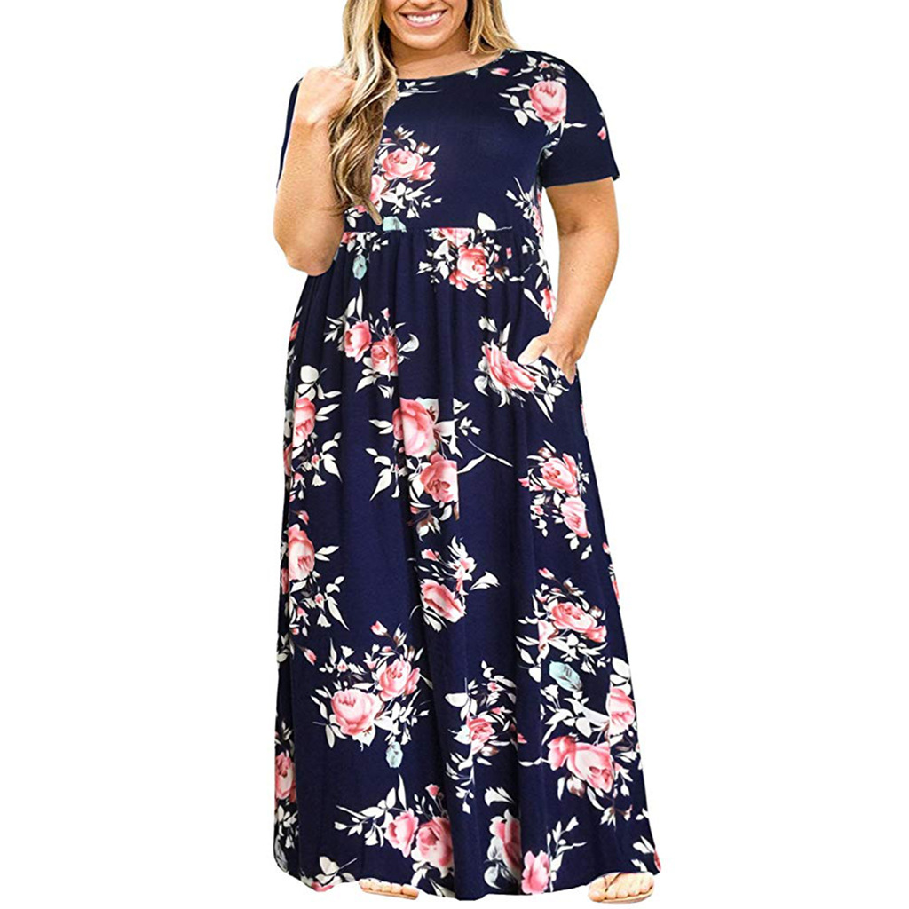 Short Sleeve Round Neck Solid Color Dress Navy Blue - Shop at LoveMi