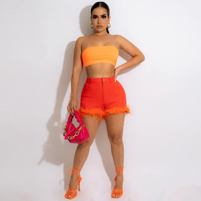 Women's Plush Trim Solid Panel Shorts Orange - Shop at LoveMi