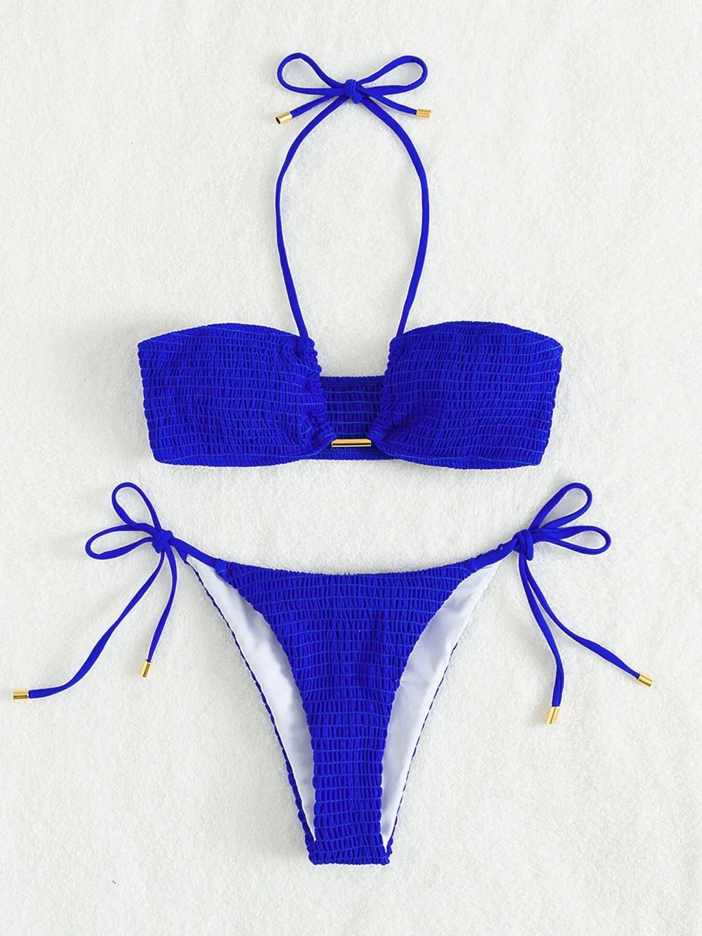 Plain Smocked Tie Side Bikini Swimsuit Women - Blue