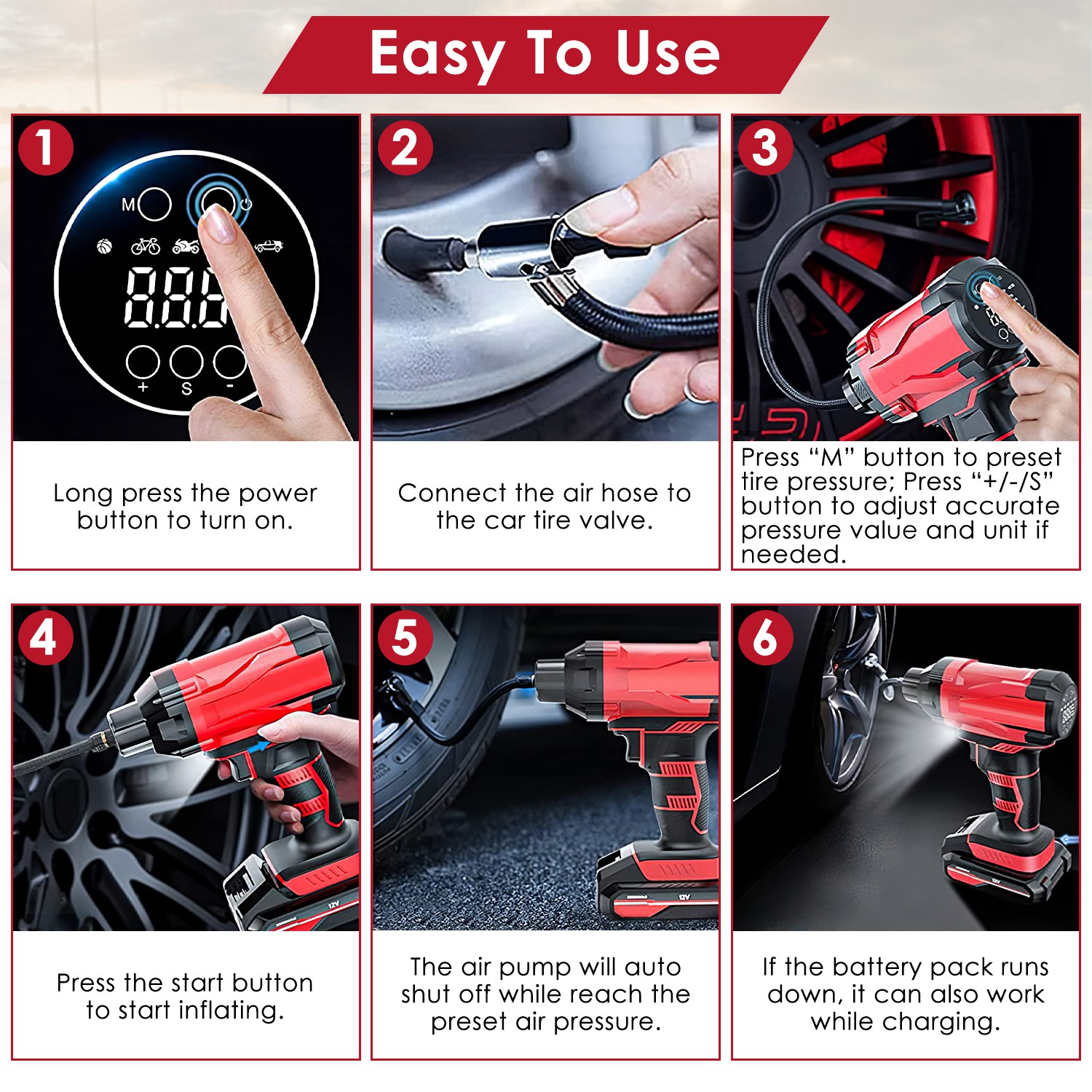 1Pc 150PSI Cordless Car Tire Inflator Rechargeable  2V Portable Electric Air Compressor With LED Light For Car Bike Motorcycle Ball — foto 6